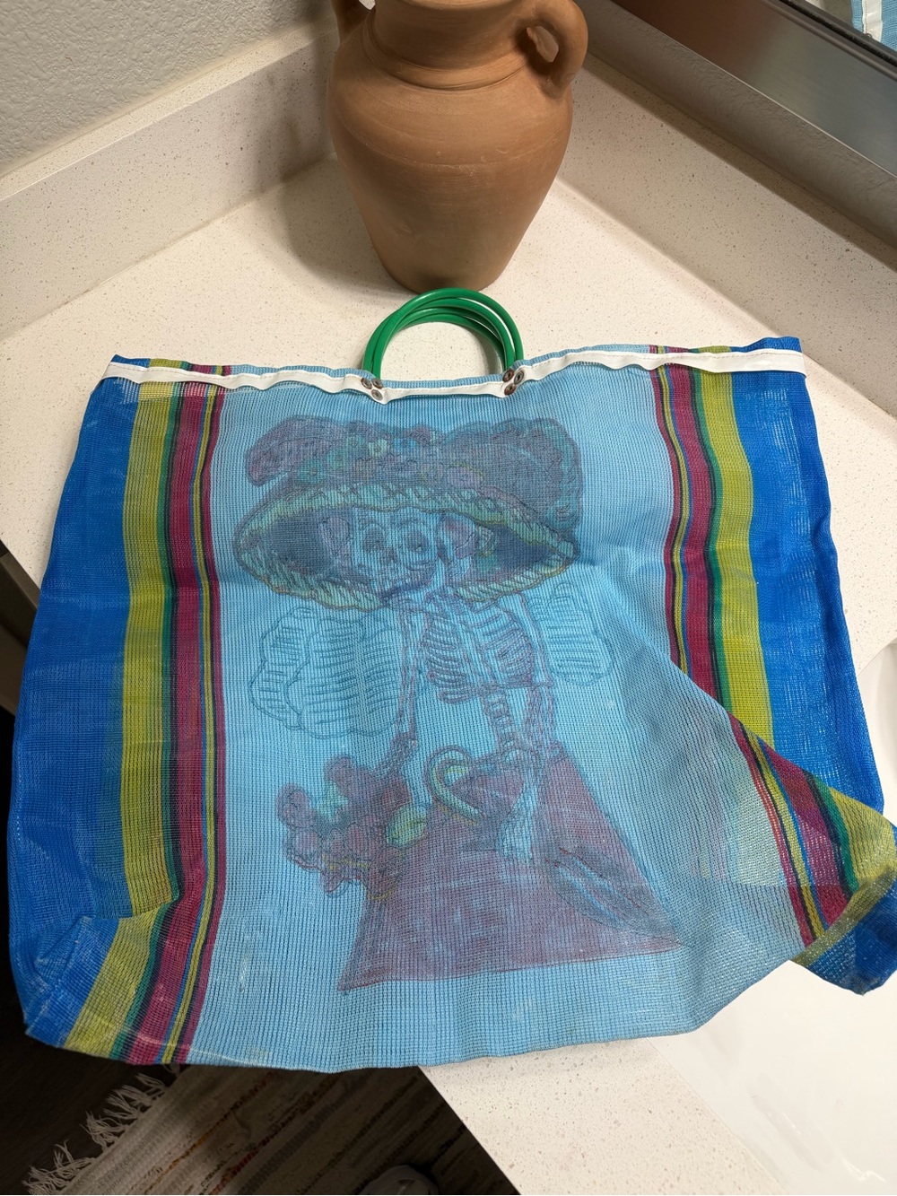 Festive Blue Mesh Market Tote Bag with Green Handles
